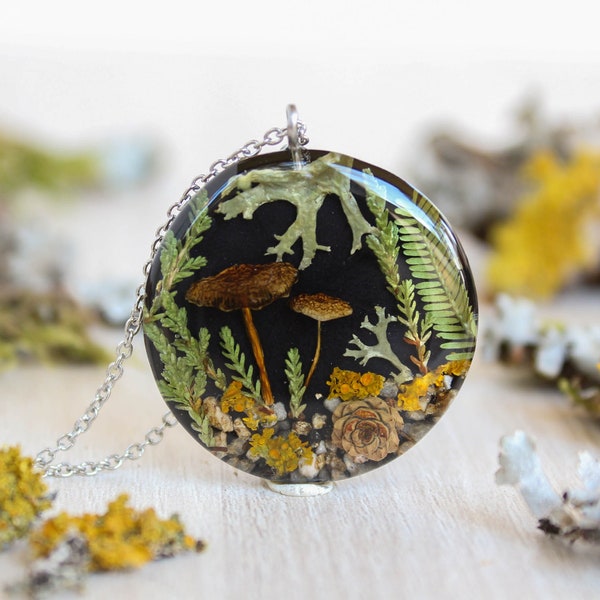 Collier de terrarium de champignons réels, collier de feuilles pressées, collier de lichen réel, collier de pommes de pin, cadeaux nature, collier pendentif esthétique