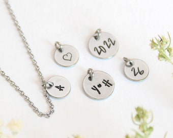 Add initial charm for necklace, Personalized letter charm, Stainless steel round charm, Custom hand stamped necklace, Personalized jewelry