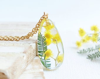 Collier pendentif floral, collier de vraies fleurs, collier botanique, collier de fleurs jaunes, collier de fleurs de mimosa, collier de fleurs des prés