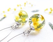 Dangle floral earrings, Yellow flower earrings, Mimosa earrings, Birthday gift for her friend, Floral resin jewelry, Botanical earrings