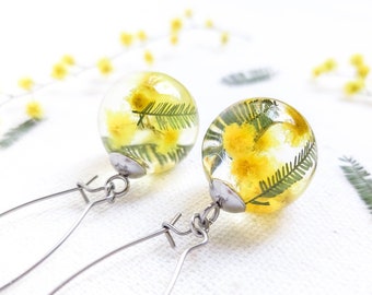 Gelbe Blumen Ohrringe, Mimosa Ohrringe, Geburtstagsgeschenk für ihre Freundin, Blumenschmuck, botanische Ohrringe