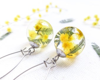 Dangle floral earrings, Yellow flower earrings, Mimosa earrings, Birthday gift for her friend, Floral resin jewelry, Botanical earrings