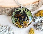 Terrarium woodland necklace, Mushroom resin pendant necklace, Inspired by nature jewelry, Dried lichen and leaf necklace, Pine cone necklace
