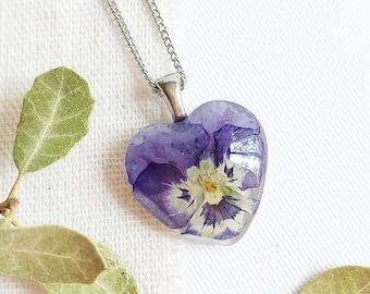 Pressed pansy necklace, Dainty heart necklace, Purple pansy jewelry, Tiny pressed flower necklace, Birthday gift for sister, Heart jewelry