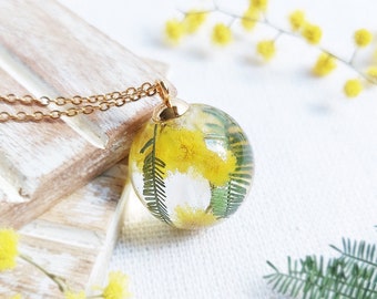 Collier terrarium, collier de vraies fleurs en or, bijoux mimosa, cadeaux d'anniversaire uniques pour femme, bijoux fleurs jaunes, bijoux terrarium