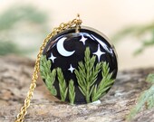 Night sky necklace, Crescent moon necklace, Evergreen tree necklace, Mystical forest necklace, Moon and stars necklace, Outdoorsy jewelry