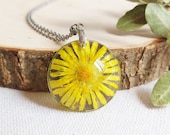 Yellow dandelion necklace, Pressed flower necklace, Boho rustic jewelry, Birthday gifts for mother, Yellow flower jewelry, Bohemian necklace