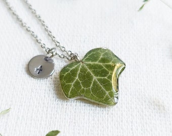 Custom initial necklace, Pressed leaf necklace, Botanical necklace, Dainty leaf necklace, Custom gift for women, Green leaf necklace