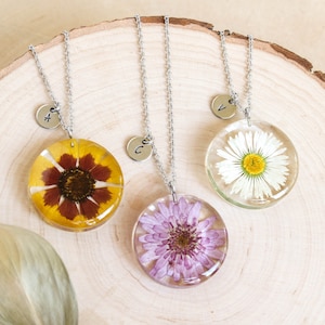 Birth flower necklace with initial, Real flower pendant, Personalized gift for women coworkers, Birth month jewelry, Custom initial necklace