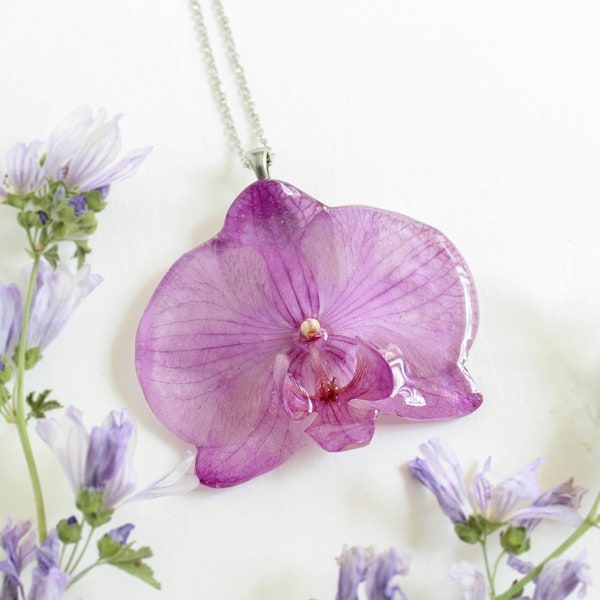 Real orchid necklace, Gift for mom birthday, Real flower necklace, Orchid jewelry Phalaenopsis flower Purple flower necklace Gift for mother