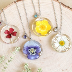 Birth flower necklace with birthstone, Pressed flower necklace, Birthday gifts for women friends, Floral charm necklace, Birth month jewelry image 1