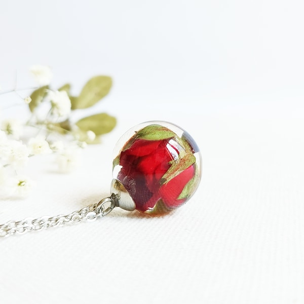 Small rose flower necklace, Red rose flower necklace, Love gift for her, Forever rose jewelry, Romantic gift for wife, Resin flower necklace