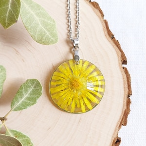 This stunning real yellow dandelion necklace appears on a luminous white background. A wonderful piece of nature in this unique handmade creation. Customizable chain length. Ask me for a round metal tag with an initial or a date or a short name.