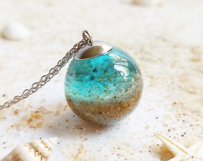 Collier de plage bleue, bijoux inspirés de l'océan, collier de sable pour femme, collier de mer bleue, collier de mariage de plage, collier bleu océan