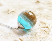 Ocean necklace, Beach sand necklace, Blue aqua crystal necklace, Real sand jewelry, Ocean gift for her, Sphere necklace, Ocean lover jewelry