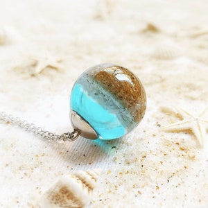 Ocean necklace, Beach sand necklace, Blue aqua crystal necklace, Real sand jewelry, Ocean gift for her, Sphere necklace, Ocean lover jewelry