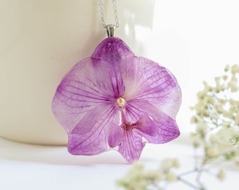 Orchid pendant necklace, Real orchid pendant, Pressed flower necklace, Orchid flower jewelry, Orchid gift idea for women, Purple necklace