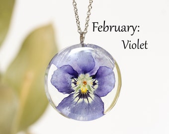 February birth flower necklace, Violet flower necklace, Pressed birthflower necklace, Purple flower necklace, Birthday flower gift for her