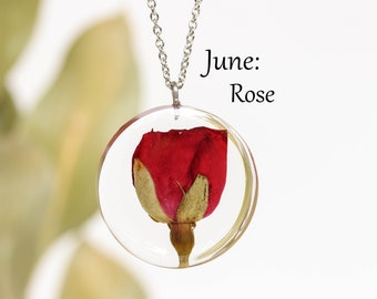 June birth flower necklace, Real rose necklace, Red flower necklace, Unique birthday gifts for her wife, Pressed flower pendant necklace