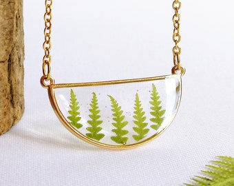 Botanical necklace, Pressed fern necklace, Minimalist geometric necklace, Terrarium necklace, Real plant jewelry, Semicircle necklace