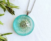 Real dandelion necklace, Sky blue necklace, Real flower necklace, Aquamarine flower necklace, Dandelion jewelry, Something blue gift for her