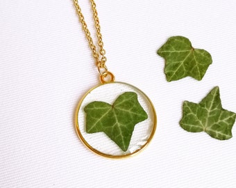 Ivy necklace, Real ivy necklace, Green leaf necklace, Gold circle necklace, Delicate leaf necklace, Nature resin necklace, Real leaf jewelry