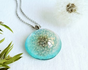 Light blue necklace, Real dandelion necklace, Make a wish necklace, Birthday gift idea for her, Sky blue jewelry, Turquoise pendant necklace