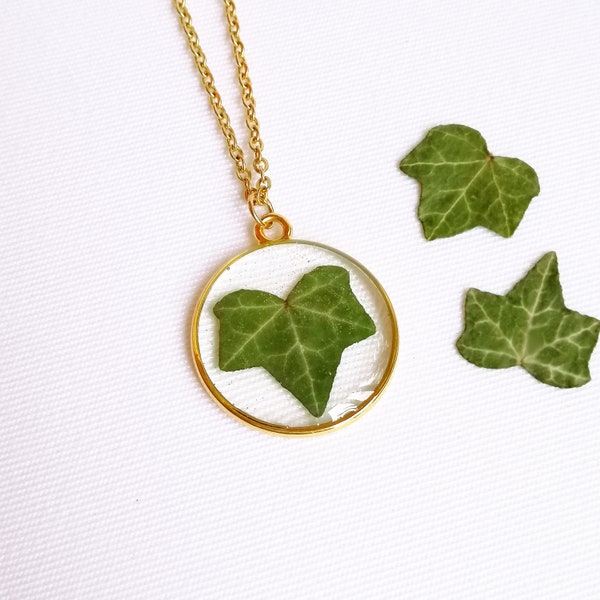 Ivy necklace, Real ivy necklace, Green leaf necklace, Gold circle necklace, Delicate leaf necklace, Nature resin necklace, Real leaf jewelry