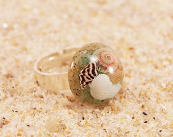 Beach sand ring, Real shell ring, Minimalist resin ring, Beach memorial gift, Beach sand jewelry, Beach sand gift for her, Sea shell jewelry