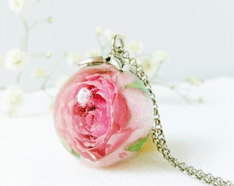 rose in resin rose pendant Rose with leaf Chain pendant rose pink rose