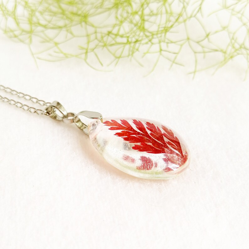 Real fern leaf necklace Crystal jewelry for women Tiny leaf necklace Crystal resin necklace Transparent resin necklace Red leaf jewelry