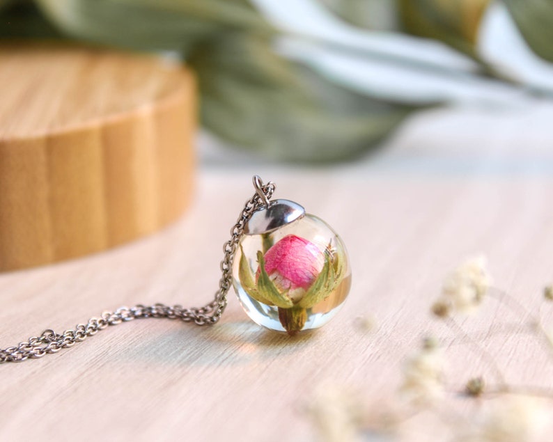 Cute rose necklace, Tiny flower necklace, Real flower necklace, Dainty pink necklace, Cute gift for girlfriend, Floral pendant necklace image 2