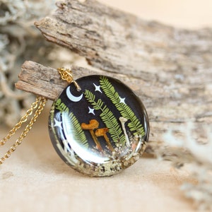 Forest necklace with real mushroom and leaf, Moon and star necklace, Nature lover jewelry, Mushroom terrarium necklace, Pixie cup lichen image 5