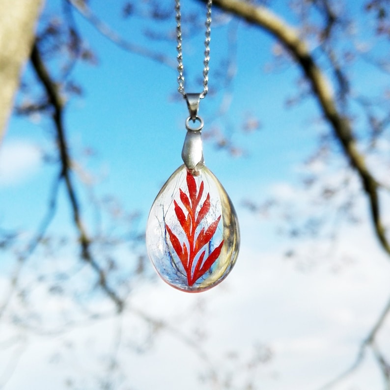Real fern leaf necklace Crystal jewelry for women Tiny leaf necklace Crystal resin necklace Transparent resin necklace Red leaf jewelry