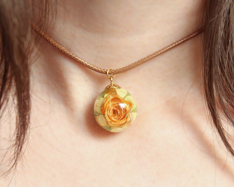 Yellow rose charm choker, Real flower necklace, Choker necklace adjustable, Boho flower jewelry, Yellow flower necklace, Rosebud necklace image 2