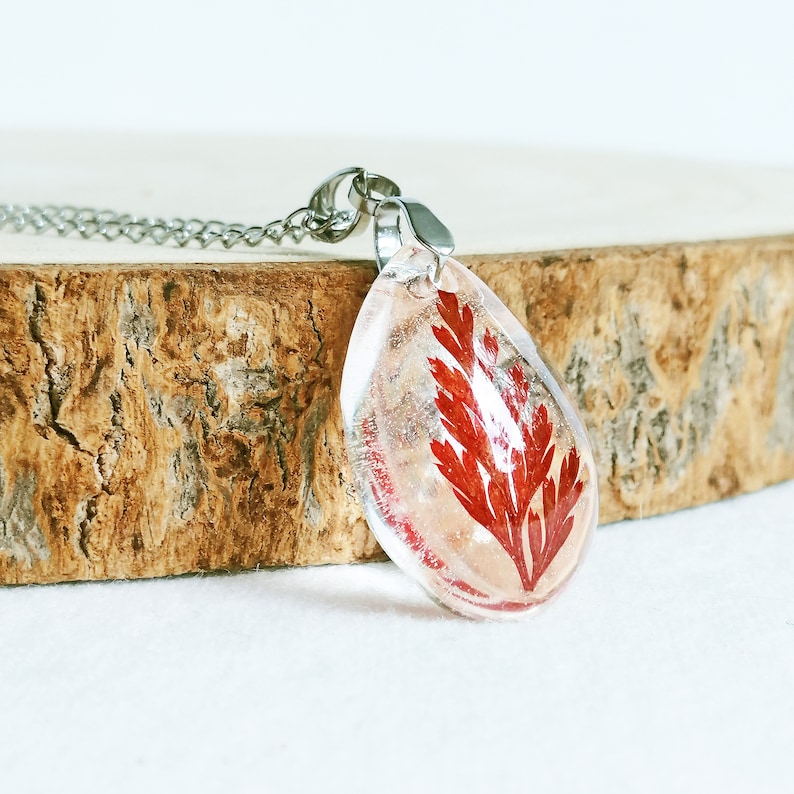 Real fern leaf necklace Crystal jewelry for women Tiny leaf necklace Crystal resin necklace Transparent resin necklace Red leaf jewelry