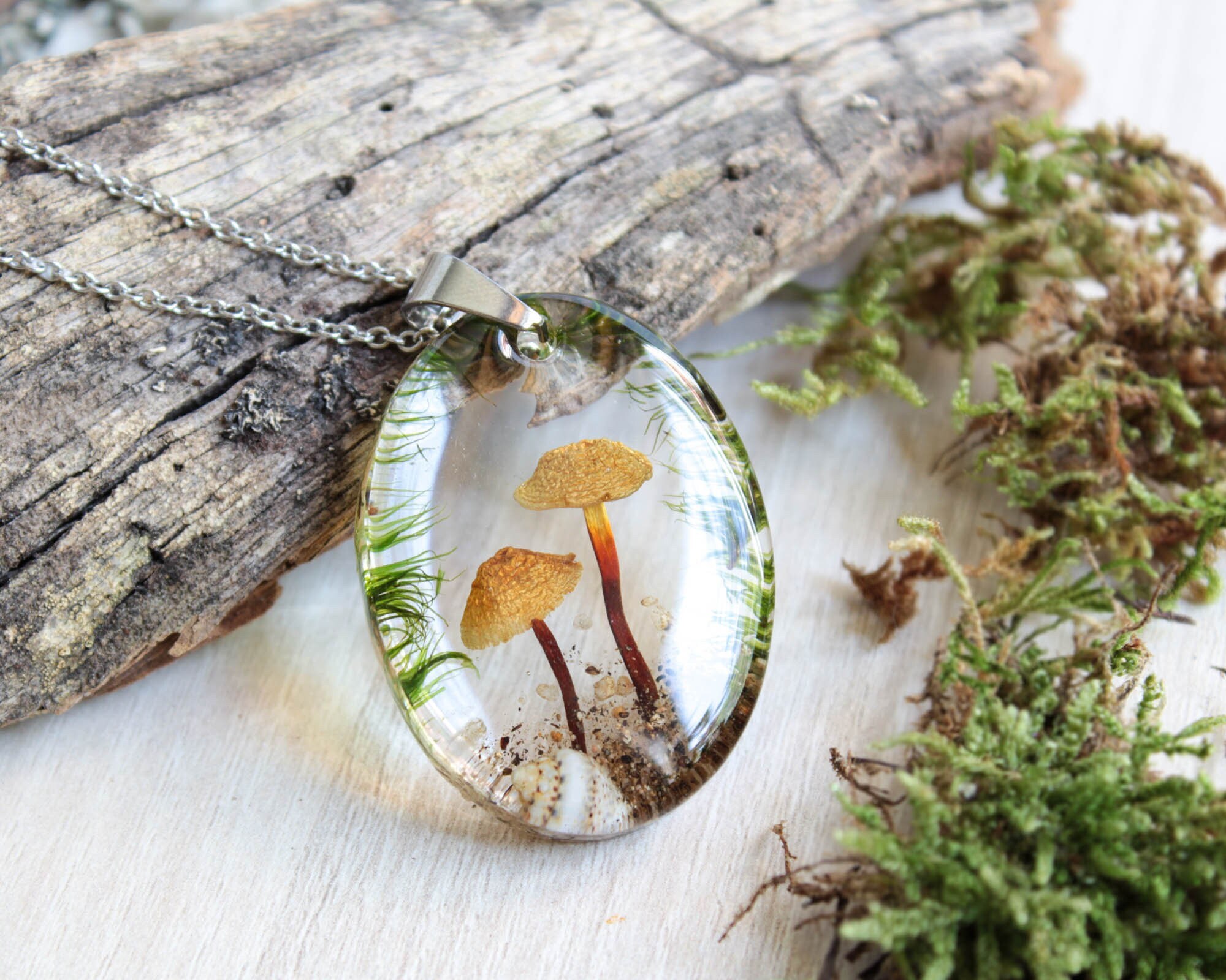Woodland Necklace Real Mushroom Pendant Moss Resin Necklace
