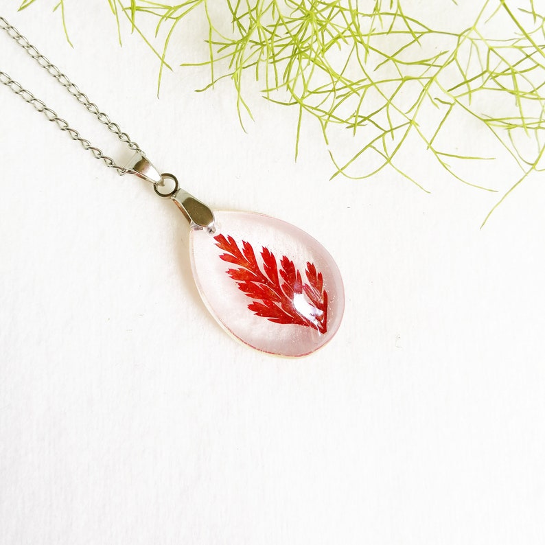 Real fern leaf necklace Crystal jewelry for women Tiny leaf necklace Crystal resin necklace Transparent resin necklace Red leaf jewelry