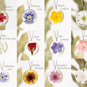 Birth flower necklace with birthstone, Pressed flower necklace, Birthday gifts for women friends, Floral charm necklace, Birth month jewelry image 8