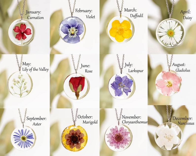 Birth flower necklace with birthstone, Pressed flower necklace, Birthday gifts for women friends, Floral charm necklace, Birth month jewelry image 8