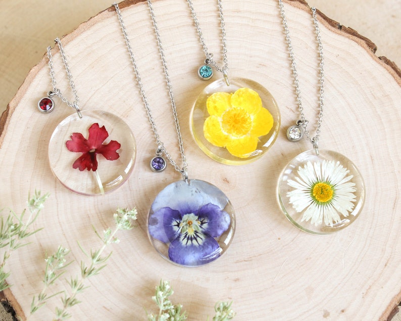 Birth flower necklace with birthstone, Pressed flower necklace, Birthday gifts for women friends, Floral charm necklace, Birth month jewelry image 1