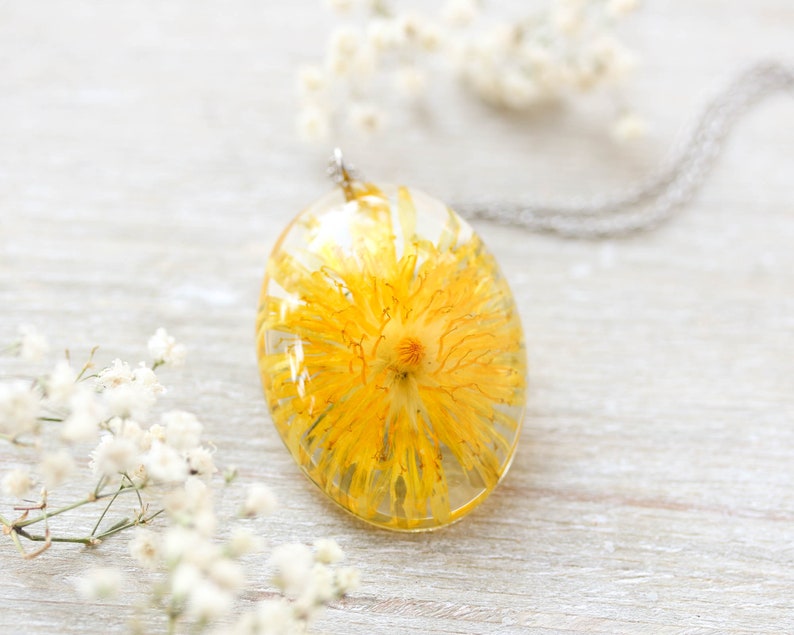 Yellow flower necklace, Real dandelion necklace, Birthday gifts, Yellow dandelion jewelry, Dandelion resin necklace, Resin flower necklace image 3