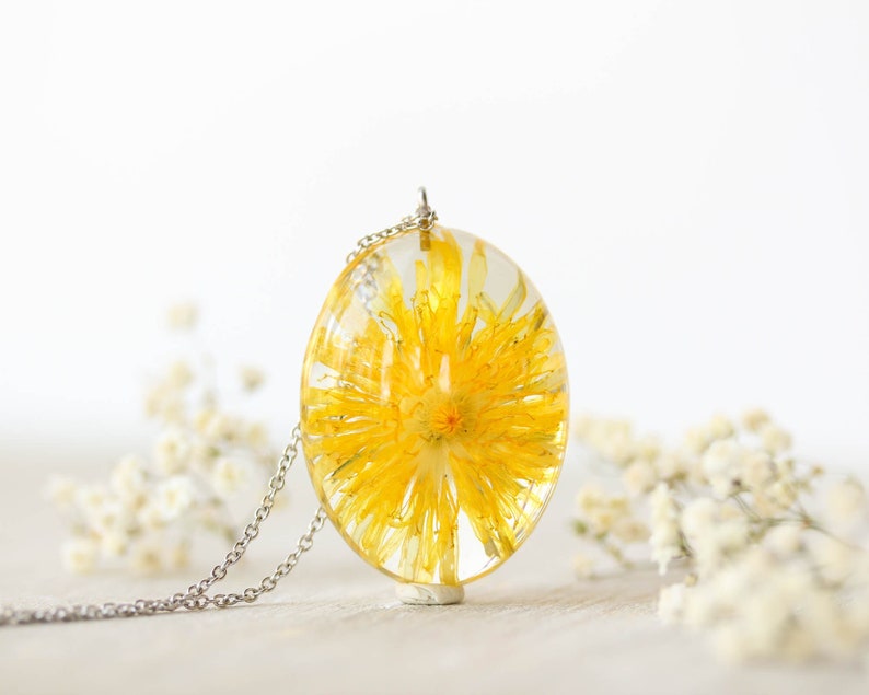 Yellow flower necklace, Real dandelion necklace, Birthday gifts, Yellow dandelion jewelry, Dandelion resin necklace, Resin flower necklace image 1