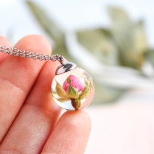 Cute rose necklace, Tiny flower necklace, Real flower necklace, Dainty pink necklace, Cute gift for girlfriend, Floral pendant necklace image 5