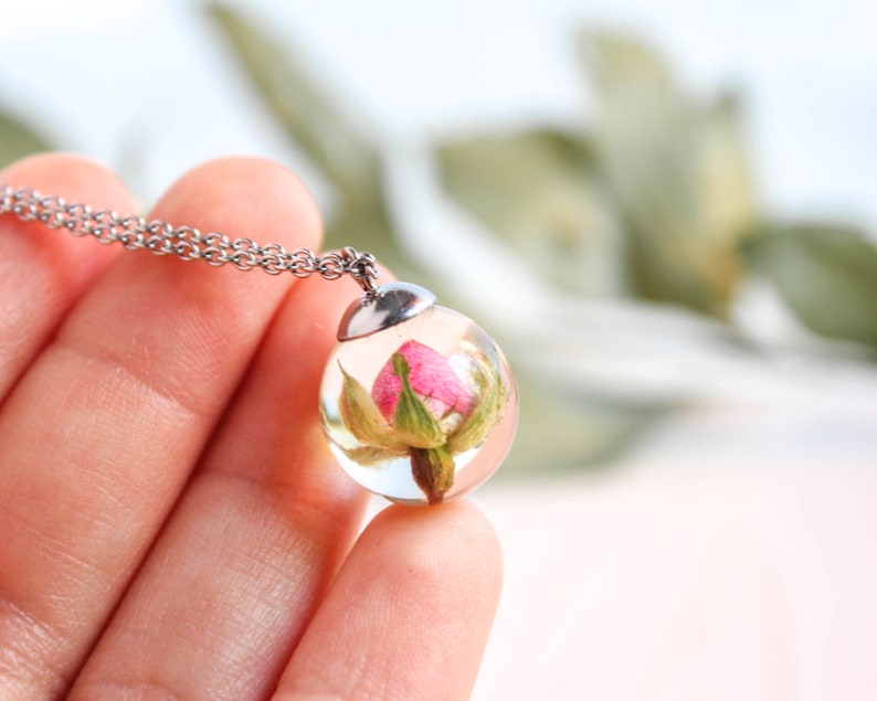 Cute rose necklace, Tiny flower necklace, Real flower necklace, Dainty pink necklace, Cute gift for girlfriend, Floral pendant necklace image 5