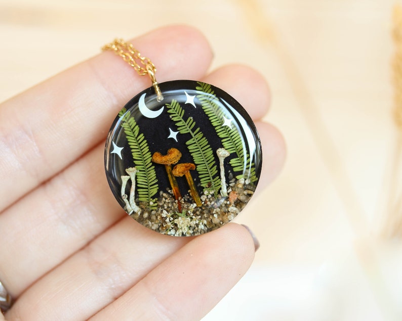 Forest necklace with real mushroom and leaf, Moon and star necklace, Nature lover jewelry, Mushroom terrarium necklace, Pixie cup lichen image 6