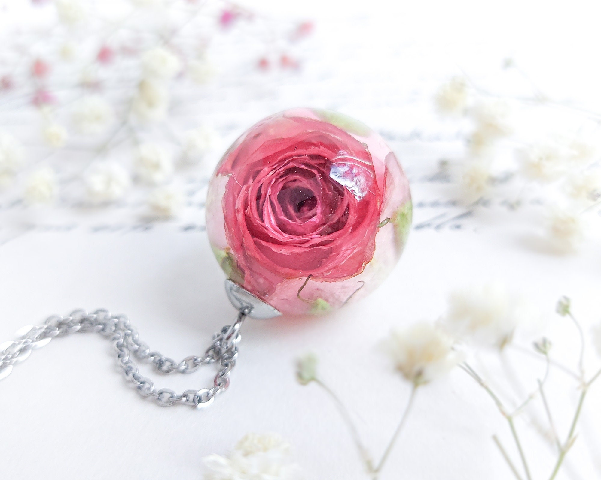 Rose Necklace in Resin Natural Rose Flower Necklace Unique Gifts