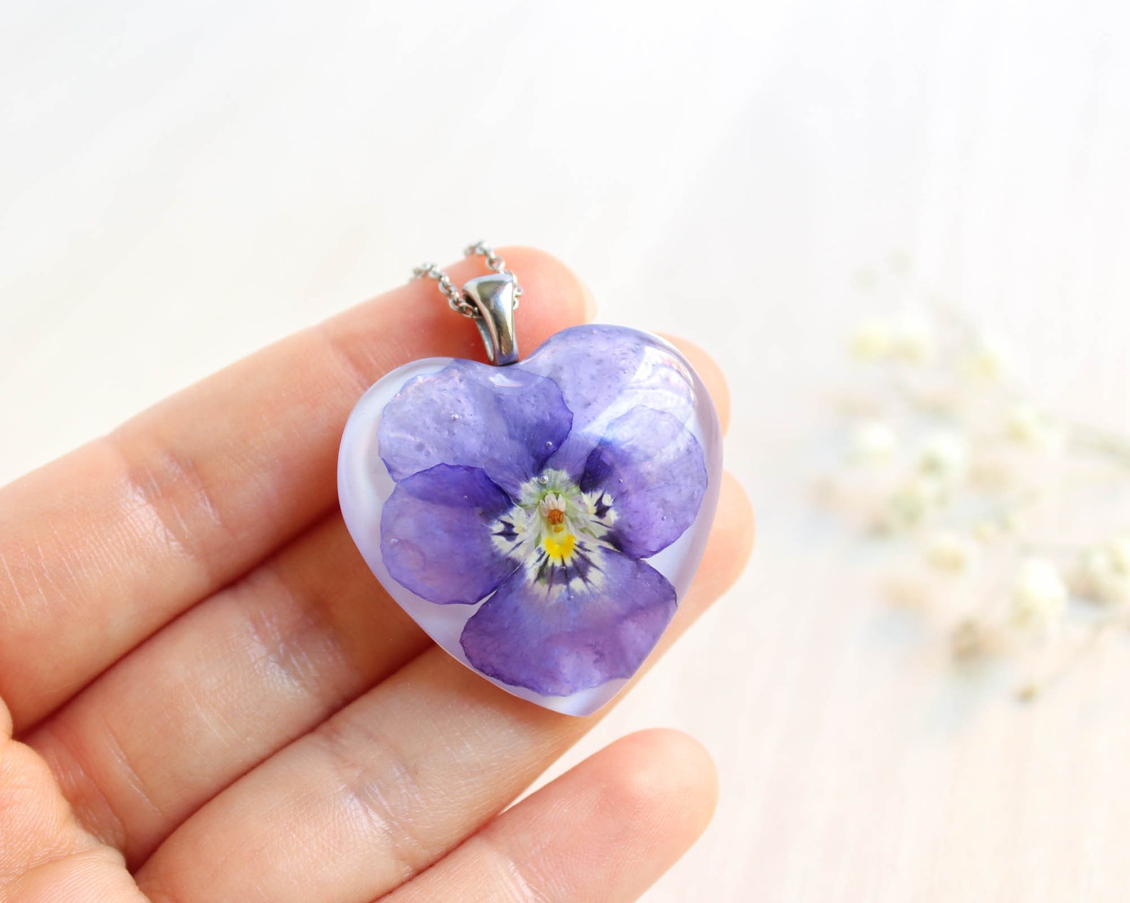 Violet Flower Necklace, Real Pansy Flower Necklace, Light Purple