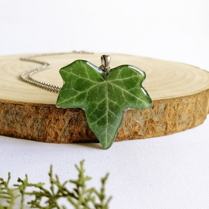 This lovely real red leaf necklace appears on a white background with another little green plant. A wonderful piece of nature in this unique handmade creation. Natural light gives it an endearing and iridescent glow. Unique handmade creation for you