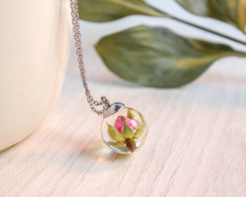 Cute rose necklace, Tiny flower necklace, Real flower necklace, Dainty pink necklace, Cute gift for girlfriend, Floral pendant necklace image 4